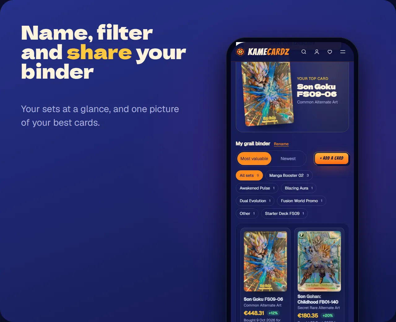 The binder with its own name, set filter and the share button