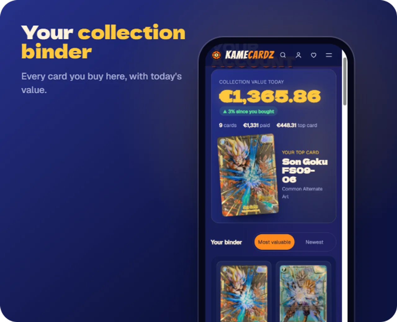 The collection binder on a phone: collection value, top card and the binder