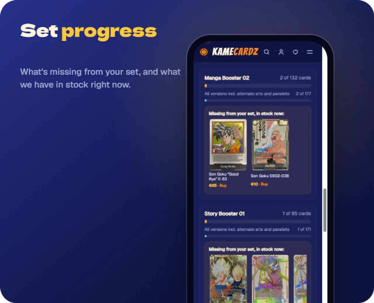 Set progress on a phone with the missing cards that are in stock